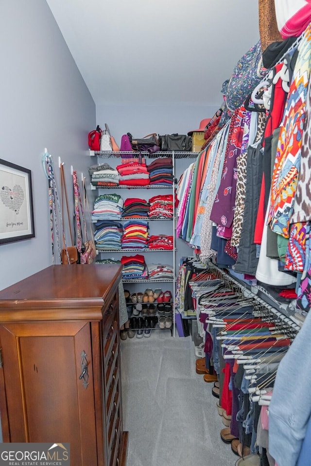 walk in closet with lofted ceiling and carpet flooring