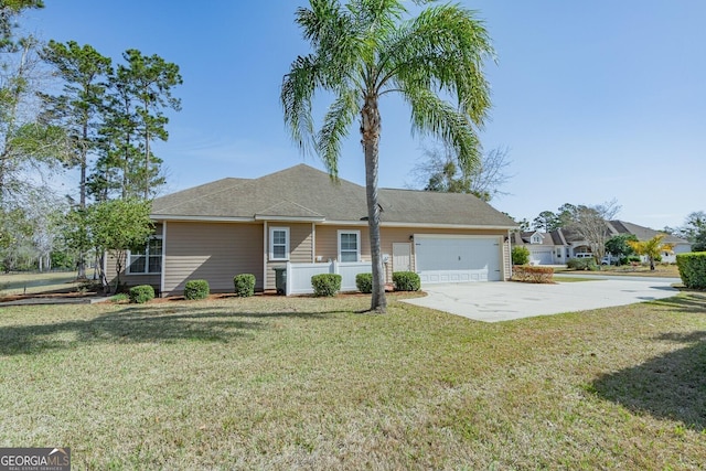 ranch-style house with a garage, concrete driveway, and a front lawn