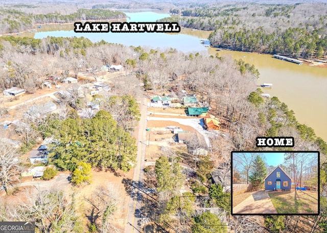 bird's eye view featuring a water view and a wooded view