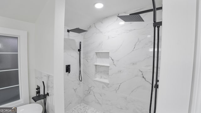 full bathroom featuring recessed lighting, toilet, and a marble finish shower