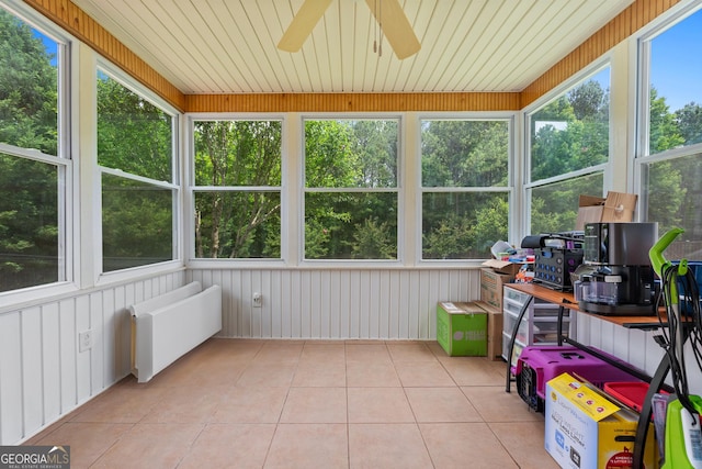 sunroom featuring a ceiling fan, wood ceiling, and radiator heating unit