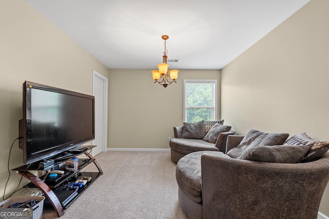 carpeted living room featuring a notable chandelier, visible vents, and baseboards