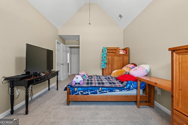 bedroom with high vaulted ceiling, baseboards, visible vents, and light colored carpet