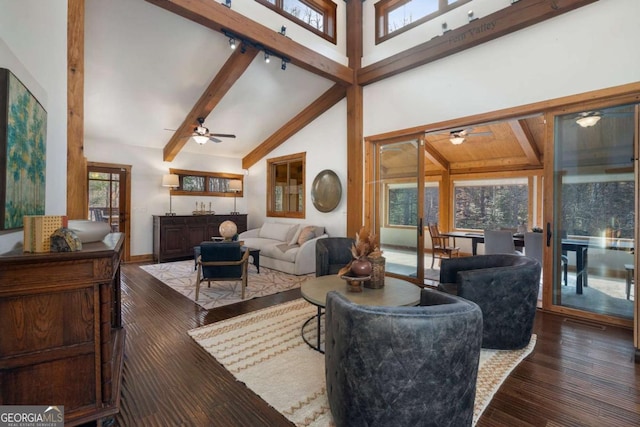 living area with a ceiling fan, track lighting, high vaulted ceiling, beamed ceiling, and hardwood / wood-style flooring