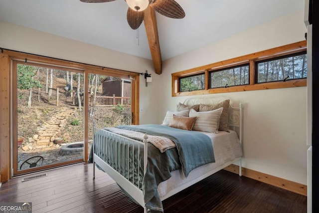 bedroom with visible vents, baseboards, lofted ceiling with beams, hardwood / wood-style floors, and access to outside