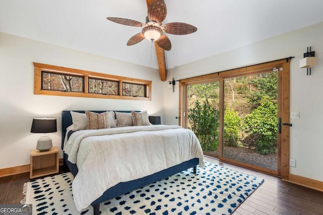 bedroom featuring access to exterior, ceiling fan, baseboards, and wood finished floors