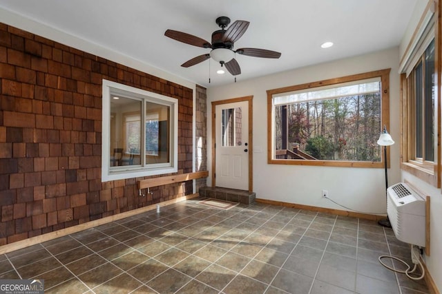 tiled entryway with a ceiling fan, recessed lighting, baseboards, and a wall mounted AC