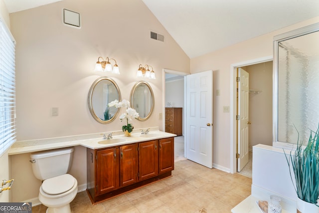 full bath with vaulted ceiling, toilet, a sink, and visible vents