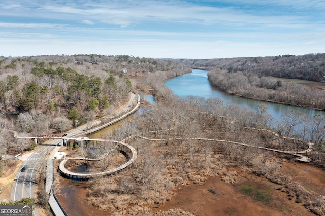 bird's eye view with a water view and a wooded view