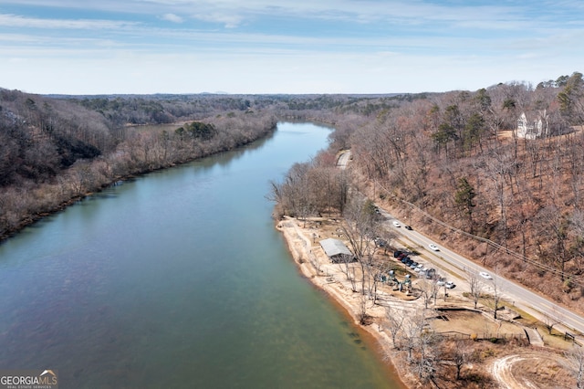 drone / aerial view with a water view and a forest view