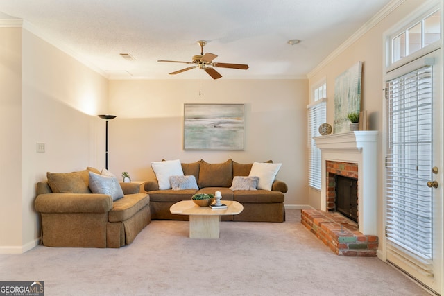 living room with carpet floors, a fireplace, and ornamental molding