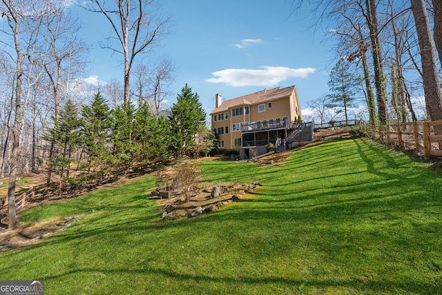 view of yard with fence and a wooden deck