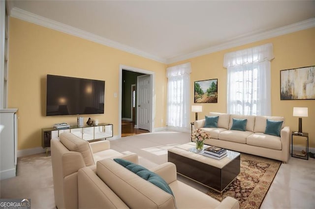 living area featuring light carpet, ornamental molding, and baseboards