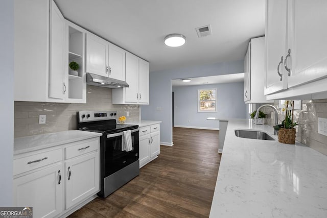 kitchen with visible vents, a sink, white cabinets, electric stove, and under cabinet range hood