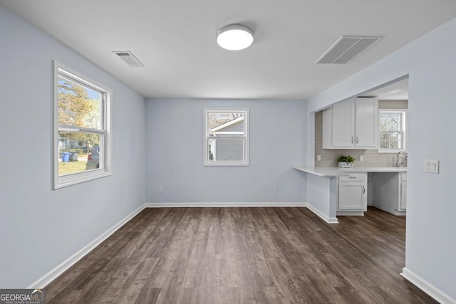 unfurnished dining area featuring visible vents, a sink, baseboards, and dark wood-style flooring