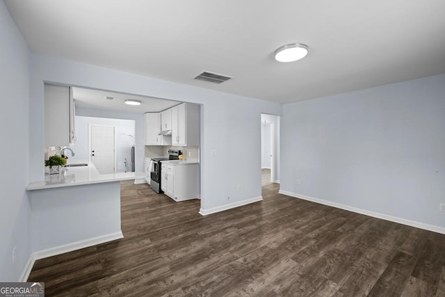 interior space featuring dark wood-style floors, visible vents, baseboards, and a sink