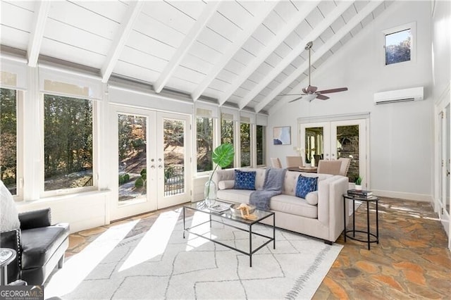 sunroom / solarium featuring vaulted ceiling with beams, french doors, a wall unit AC, and wooden ceiling