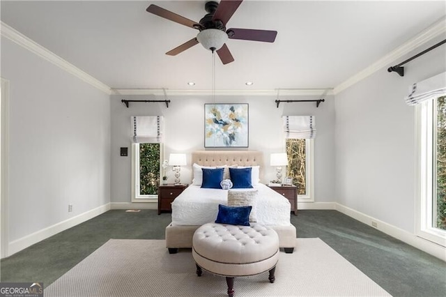 bedroom with carpet, crown molding, baseboards, and ceiling fan