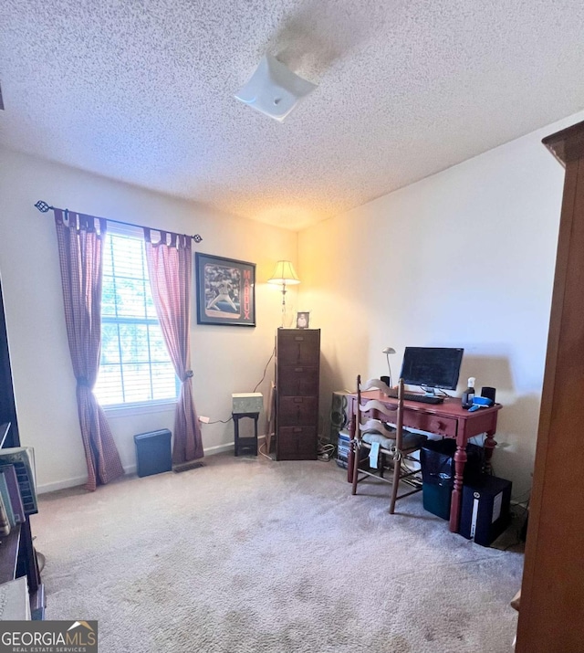 carpeted office space featuring baseboards and a textured ceiling