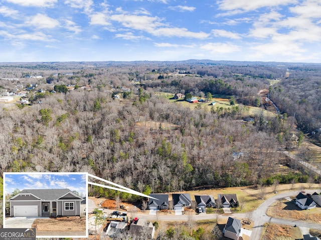 birds eye view of property with a view of trees