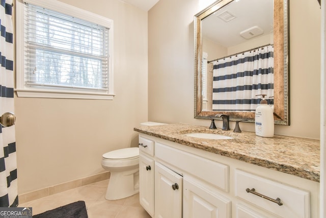 full bath with baseboards, visible vents, toilet, tile patterned floors, and vanity