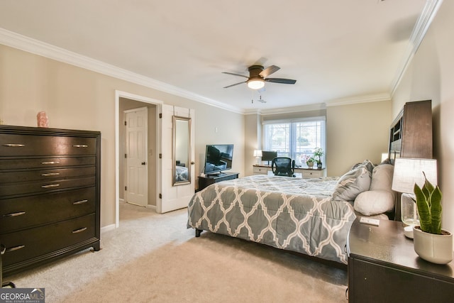 bedroom with ceiling fan, baseboards, crown molding, and light colored carpet