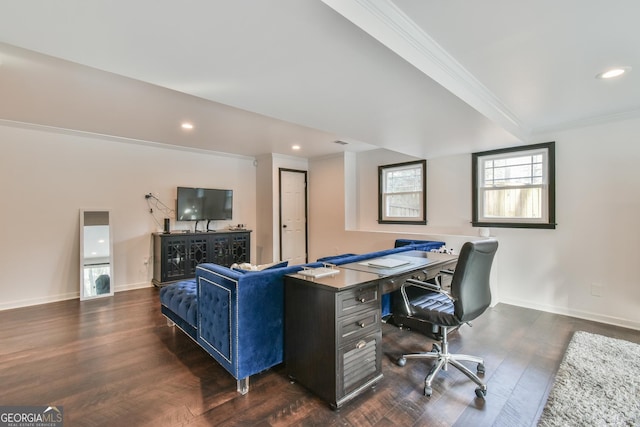 office space with dark wood-style floors, recessed lighting, crown molding, and baseboards