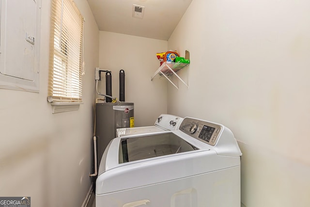 clothes washing area featuring laundry area, visible vents, water heater, electric panel, and washer and clothes dryer