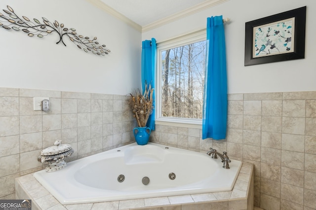 full bath with ornamental molding and a jetted tub