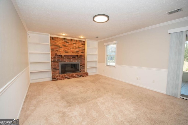 unfurnished living room with carpet, visible vents, and a textured ceiling