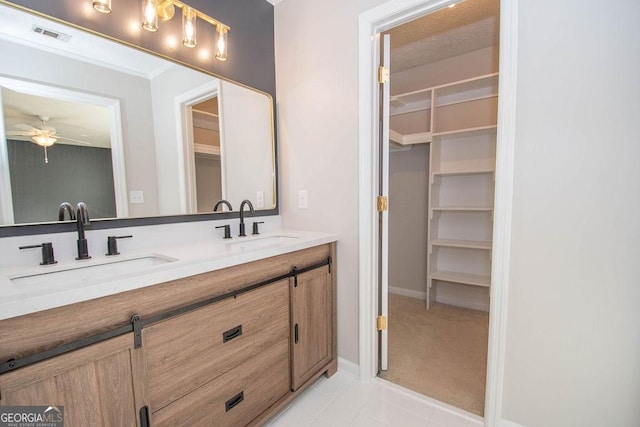 bathroom with a sink, a spacious closet, and double vanity