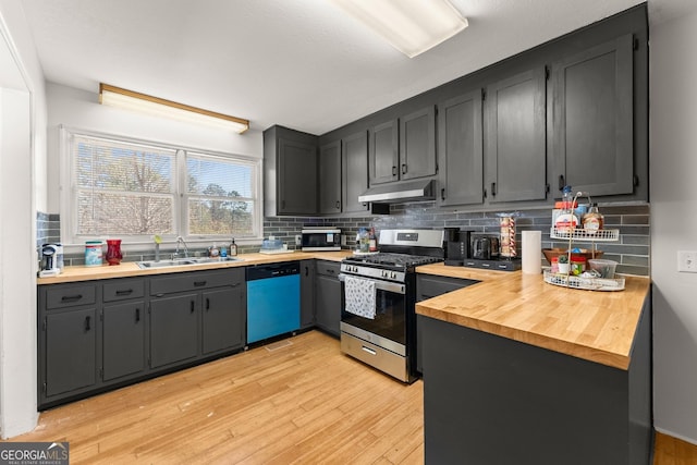 kitchen featuring stainless steel gas range oven, under cabinet range hood, a sink, dishwasher, and light wood finished floors