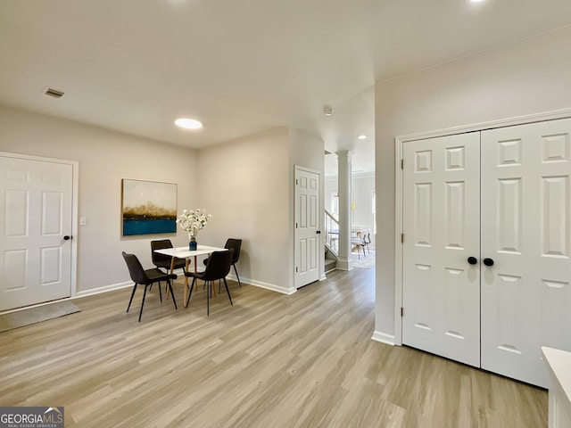 dining space with recessed lighting, ornate columns, visible vents, light wood-style floors, and baseboards