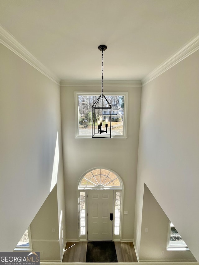 foyer entrance featuring baseboards, ornamental molding, and wood finished floors