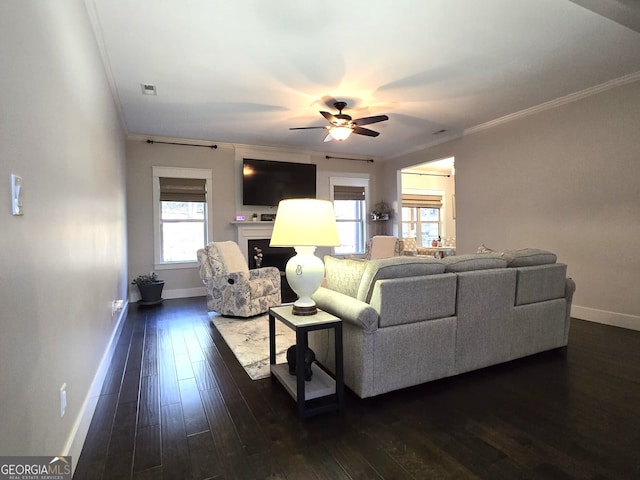 living area with ornamental molding, dark wood-type flooring, and baseboards