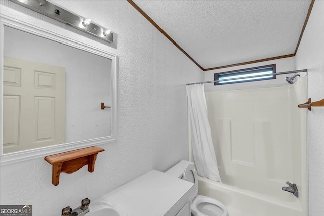 bathroom featuring shower / tub combo, ornamental molding, a textured ceiling, and a textured wall