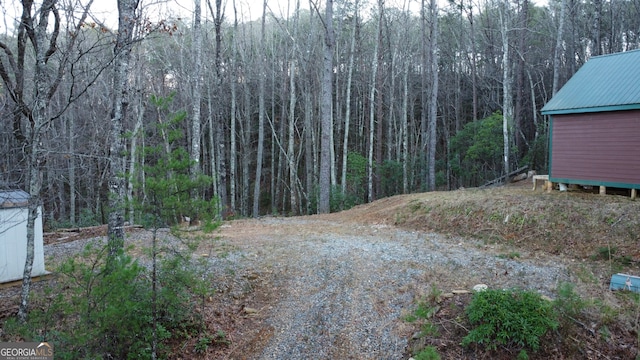 exterior space with a wooded view