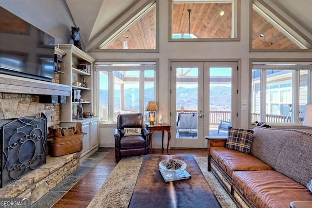 537 Mill Ridge Rd, Hiawassee, GA 30546 - living room featuring lofted ceiling, a fireplace, dark wood-type flooring, and french doors