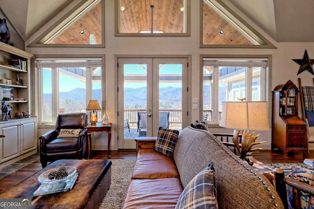 537 Mill Ridge Rd, Hiawassee, GA 30546 - living room with vaulted ceiling, a wealth of natural light, dark wood-type flooring, and a mountain view