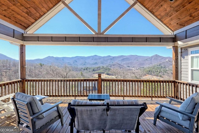 537 Mill Ridge Rd, Hiawassee, GA 30546 - wooden terrace featuring a mountain view and outdoor lounge area