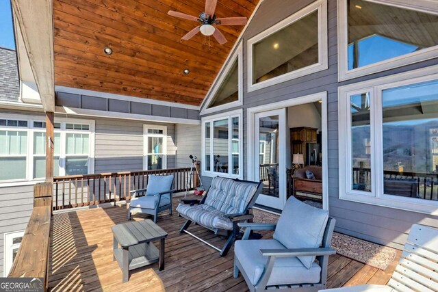 537 Mill Ridge Rd, Hiawassee, GA 30546 - wooden deck with outdoor lounge area and a ceiling fan