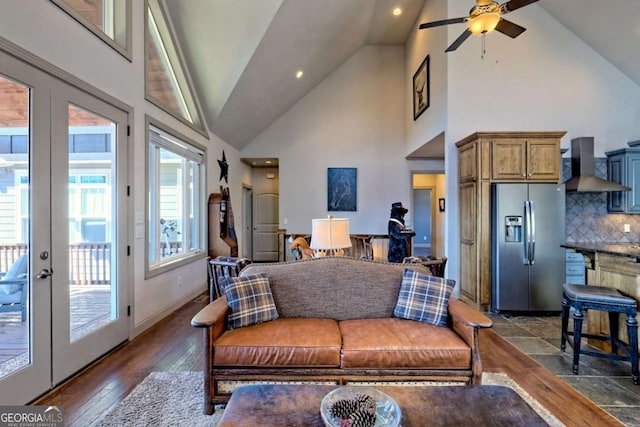 537 Mill Ridge Rd, Hiawassee, GA 30546 - living room with dark wood-style floors, baseboards, high vaulted ceiling, and french doors