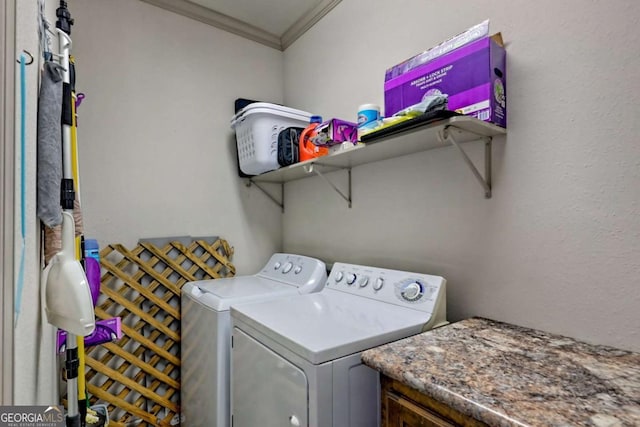 537 Mill Ridge Rd, Hiawassee, GA 30546 - washroom featuring crown molding, laundry area, and independent washer and dryer