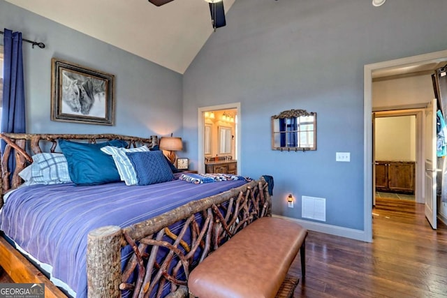 537 Mill Ridge Rd, Hiawassee, GA 30546 - bedroom with visible vents, ceiling fan, ensuite bath, wood finished floors, and baseboards