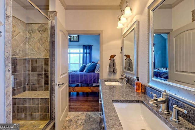 537 Mill Ridge Rd, Hiawassee, GA 30546 - ensuite bathroom with crown molding, a stall shower, a sink, and ensuite bathroom