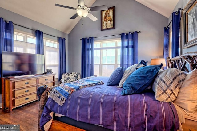 537 Mill Ridge Rd, Hiawassee, GA 30546 - bedroom with lofted ceiling, multiple windows, a ceiling fan, and dark wood-type flooring
