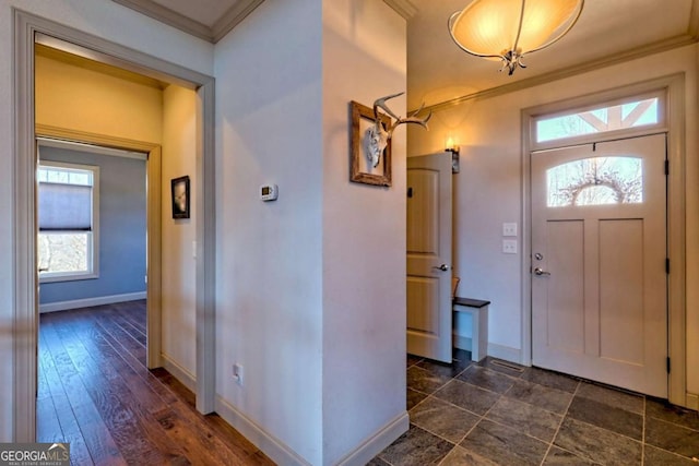 537 Mill Ridge Rd, Hiawassee, GA 30546 - entryway featuring ornamental molding, dark wood-type flooring, and baseboards