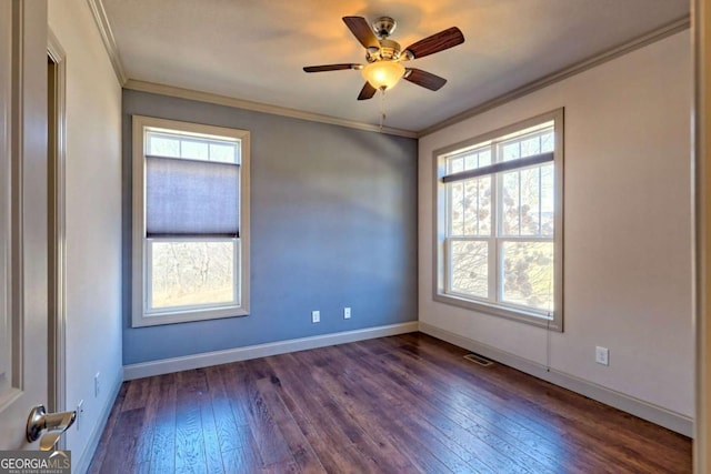 537 Mill Ridge Rd, Hiawassee, GA 30546 - spare room featuring baseboards, dark wood finished floors, visible vents, and crown molding