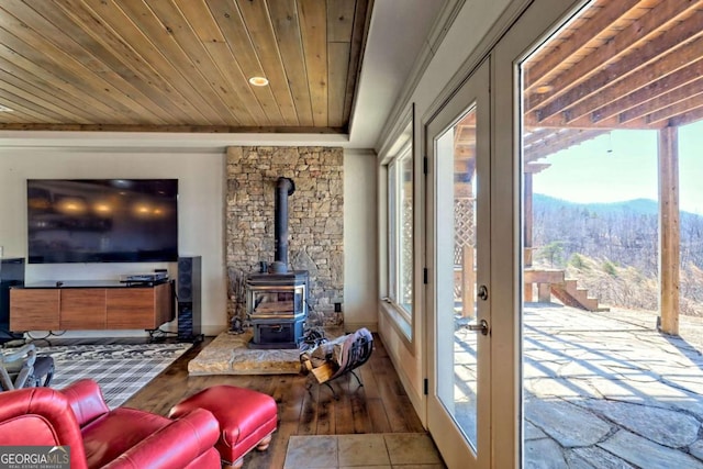 537 Mill Ridge Rd, Hiawassee, GA 30546 - interior space featuring a mountain view, wood ceiling, french doors, light wood finished floors, and a wood stove