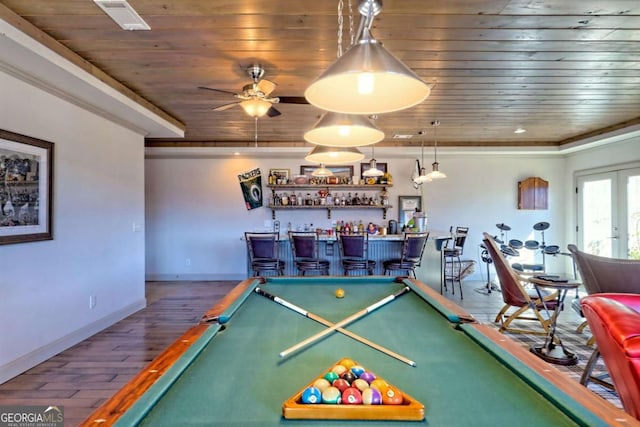537 Mill Ridge Rd, Hiawassee, GA 30546 - recreation room with visible vents, wood ceiling, wood finished floors, french doors, and a bar